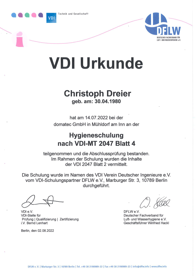 2022 08 02 Urkunde Hygieneschulung VDI MT 2047 Christoph Dreier 2022 08 02 Urkunde Hygieneschulung VDI MT 2047 Christoph Dreier