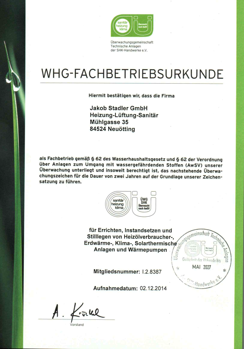 WHG Fachbetriebsurkunde gültig bis 05 2027 WHG Fachbetriebsurkunde gültig bis 05 2027
